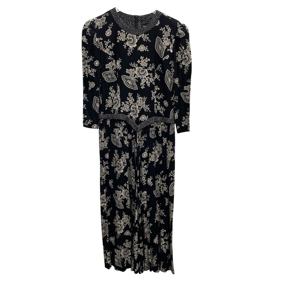Vintage Positive Attitude Black Beige Floral Print Long Sleeve Dress Size 9/10